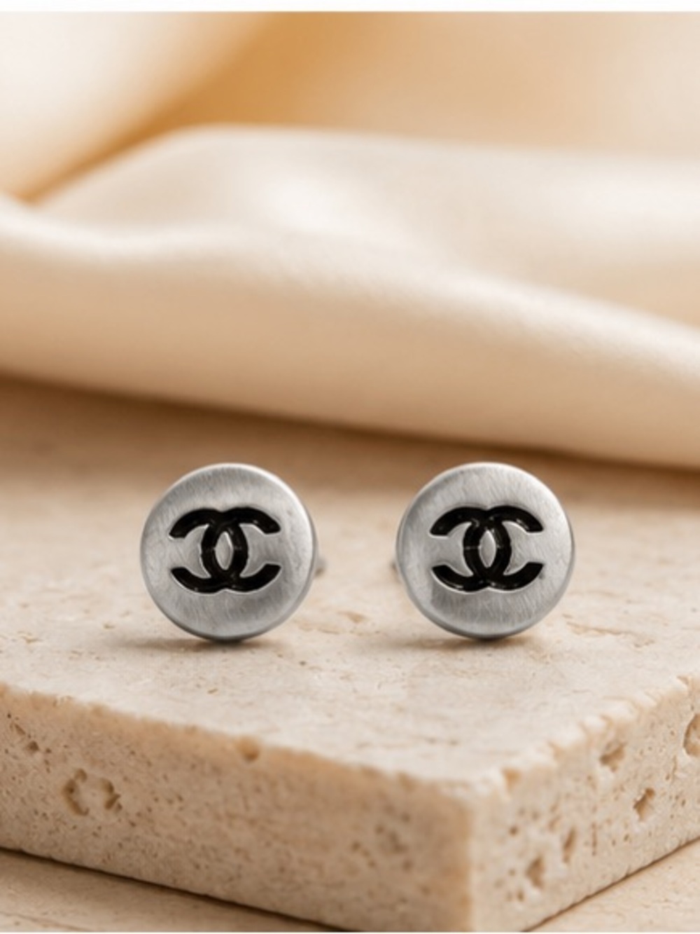 Designer Inspired Silver Logo Button Stud Earrings